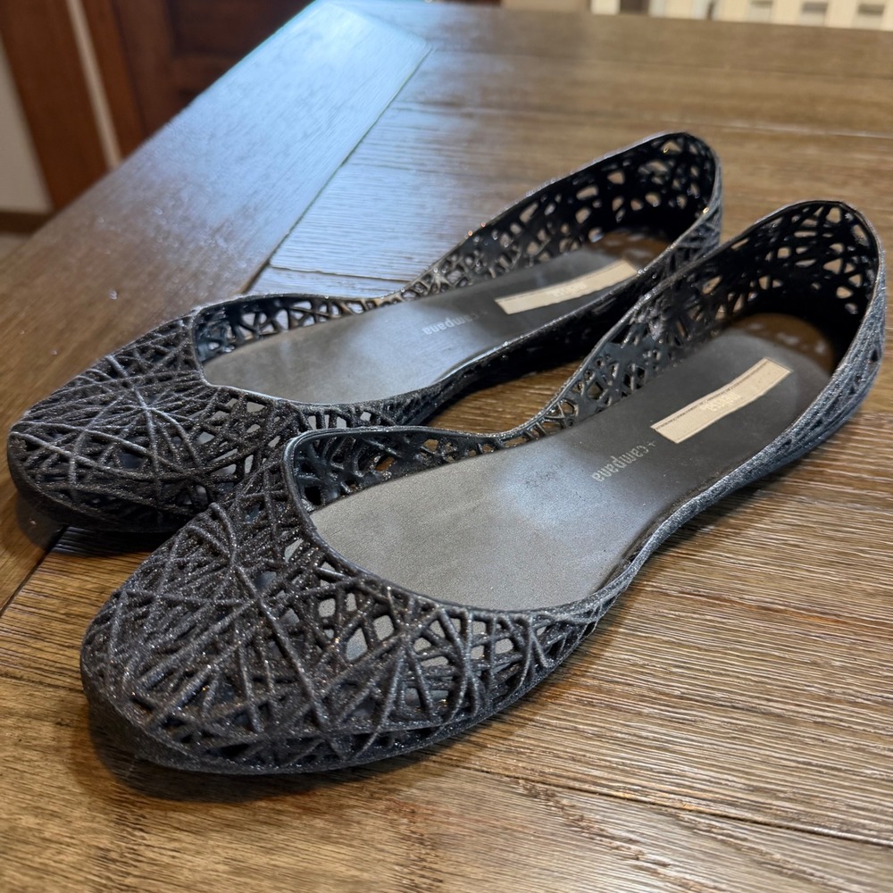 Melissa + Campana Papel Black Glitter Jelly Flat Shoes Womens Size 10 Brazil‎